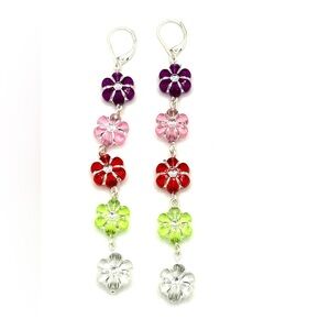 HAND CRAFTED Long Colorful Flowers Dangle Earrings